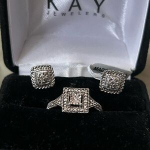 NWT Kay Jewelers Diamond Halo Ring & Stud Earrings Set—Sterling Silver Bridal